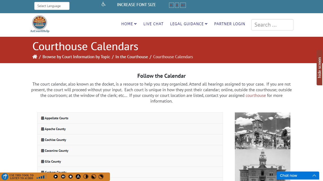 Online calendars (dockets) for Arizona courthouses, by county.